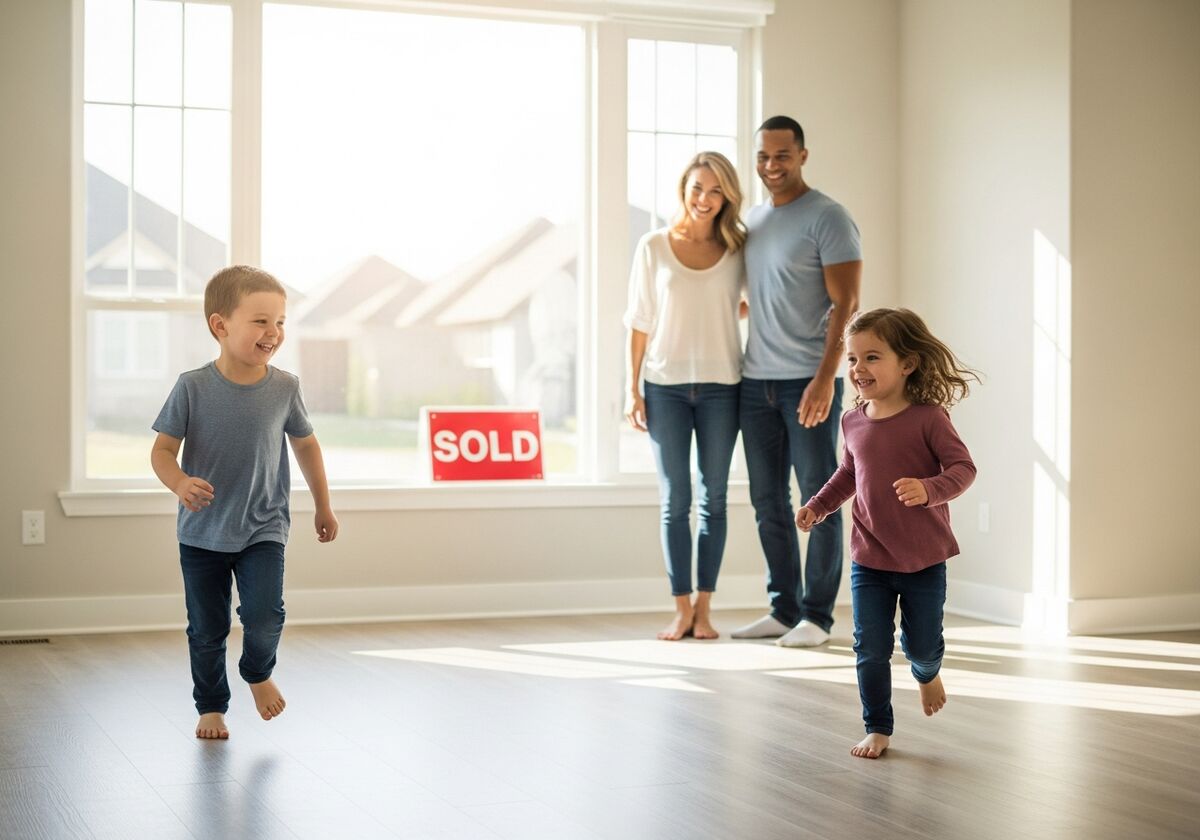 Family in the living room of their bigger new home