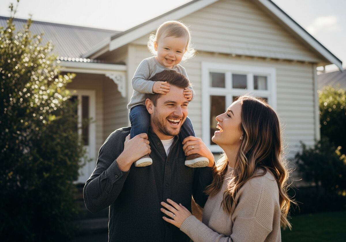 Happy family outside their home