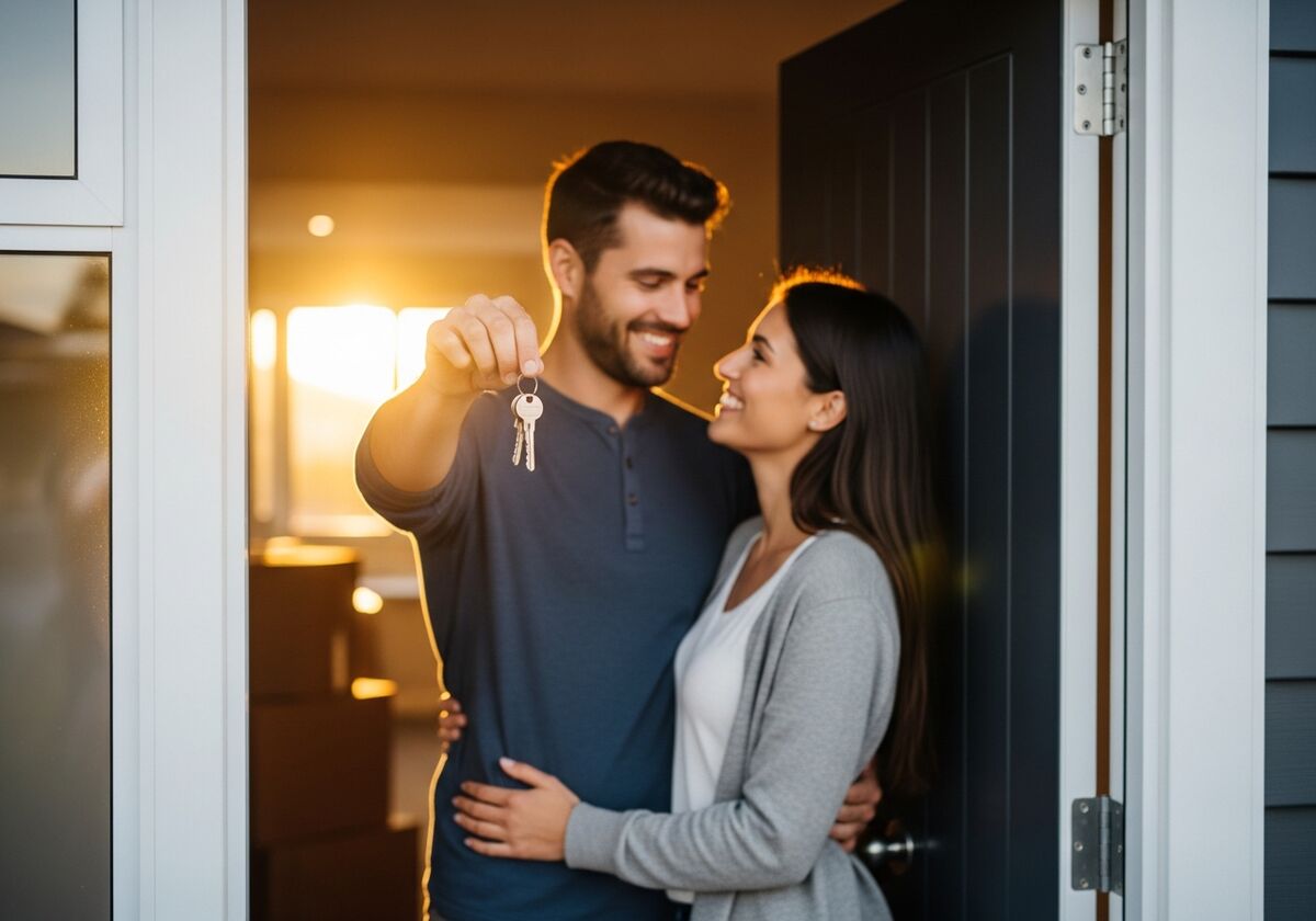 Couple in front of their new home